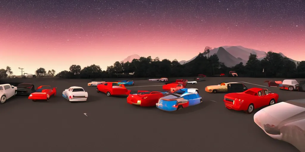 Prompt: a drive in movie theater with a line of cars, detailed, volumetric lighting, starry night, dusk