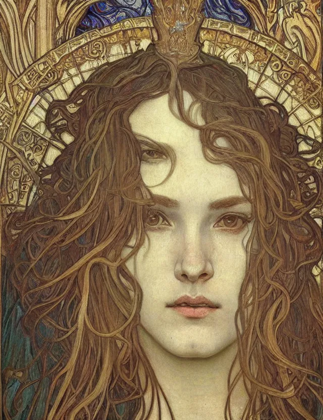 Image similar to detailed realistic beautiful young medieval queen face portrait by jean delville, alphonse mucha, vincent van gogh, and marco mazzoni, art nouveau, symbolist, visionary, gothic, pre - raphaelite
