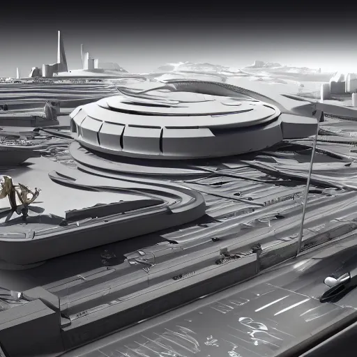 Image similar to sci-fi cars in center and wall near structure on the coronation of napoleon painting and digital billboard in the middle and everything in style of zaha hadid and suprematism forms, unreal engine 5, keyshot, octane, artstation trending, ultra high detail, ultra photo realistic, 8k, 16k, in plastic, dark, tilt shift,