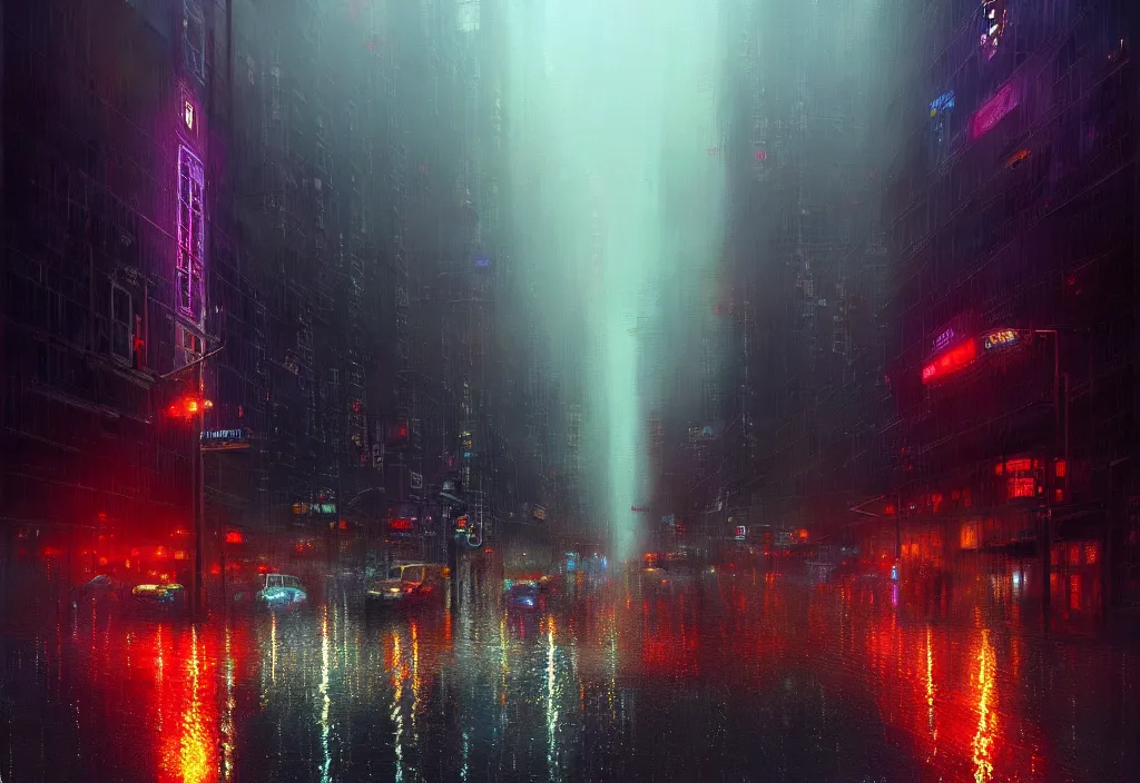 Prompt: top digital painting of rainy downtown toronto at night. intense colourful foggy atmosphere and intricate reflective complex tall buildings. thorough details, intricate, artstation, atmosphere, highly detailed, craig mullins, james jean, digital painting, deviantart, cinematic lighting, busy!!!