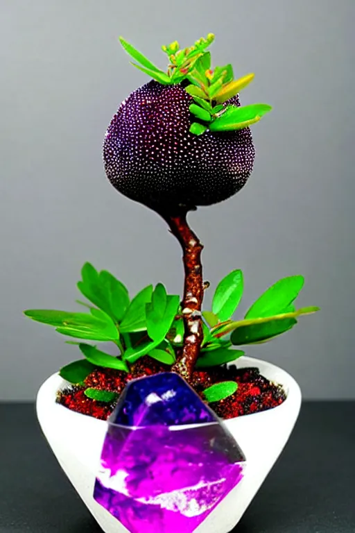 Image similar to crystals shaped like exotic berry shrubbery, potted plant made of gemstones