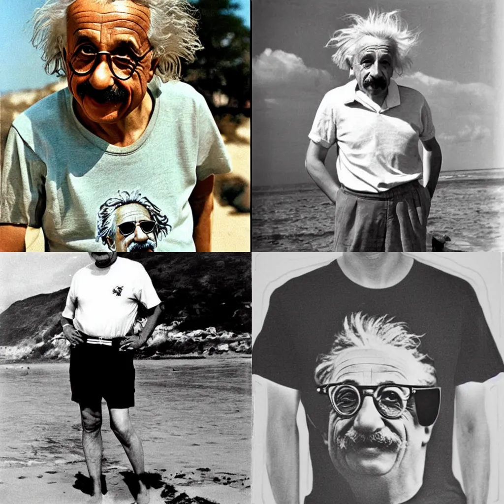 Prompt: Albert Einstein as a hipster, wearing tshirt, shorts and sunglasses at the beach, instagram photo