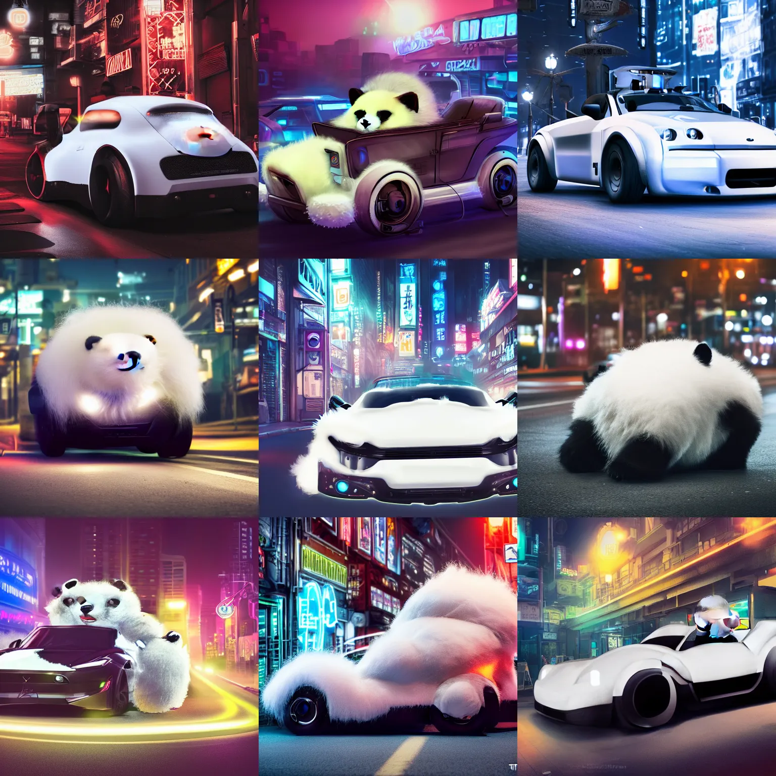 Prompt: a fluffy roadster covered with white fur and in the style of a panda, with cool headlights and two fluffy ears, parking in the street, Cyberpunk, neon light, 4k, hd, highly detailed