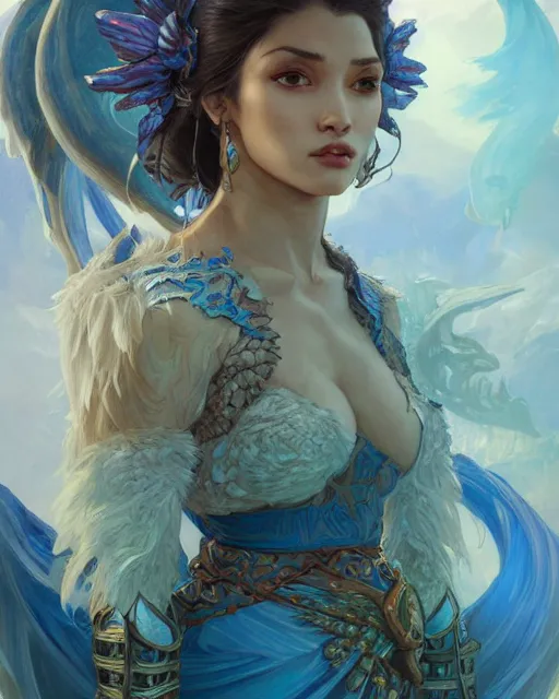 Image similar to Portrait of an azure dragon person, HD, illustration, epic, D&D, fantasy, intricate, elegant, highly detailed, digital painting, artstation, concept art, smooth, sharp focus, illustration, art by artgerm and greg rutkowski and alphonse mucha, monster hunter illustrations art book