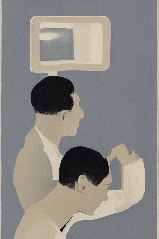 Image similar to man looking at his reflection in the mirror, 1960’s minimalist advertising illustration, painterly, expressive brush strokes