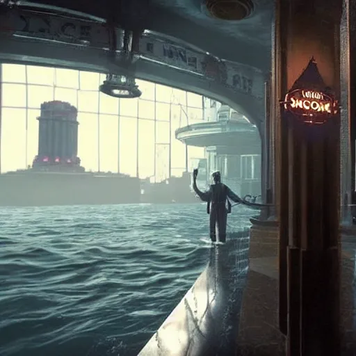 Image similar to screen capture from a live - action bioshock movie. andrew ryan, played by evan peters, is shown standing in an turn of the century style office front of an immense window looking out into the underwater city of rapture. the lights of the city are shining in the distance and an abundance of sea life is shown.