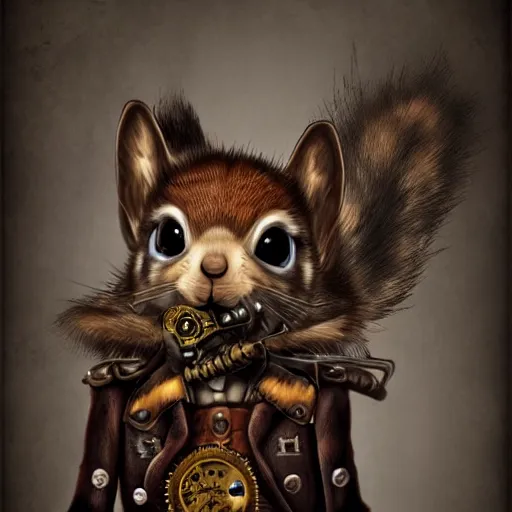 Prompt: steampunk squirrel looking evil into the camera, artistic background, trending on artstation, highly detailed