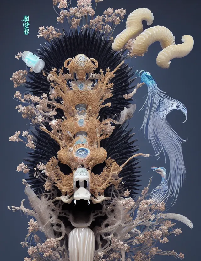 Image similar to 3 d goddess bottom - up with ram skull. beautiful intricately detailed japanese crow kitsune mask and clasical japanese kimono. betta fish, jellyfish phoenix, bio luminescent, plasma, ice, water, wind, creature, artwork by tooth wu and wlop and beeple and greg rutkowski