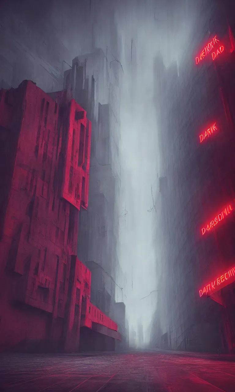 Image similar to Matte painting of dark brutalist cathedral with red neon signs, abandoned streets, cityscape, dark sky, hyper realism, fog, 8k, trending on artstation