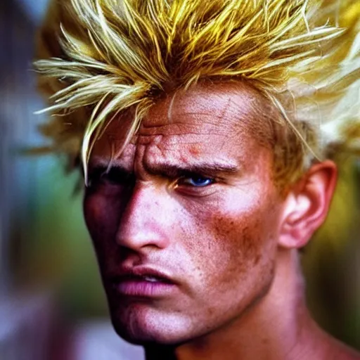 Image similar to super sayian, high resolution, closeup by steve mccurry