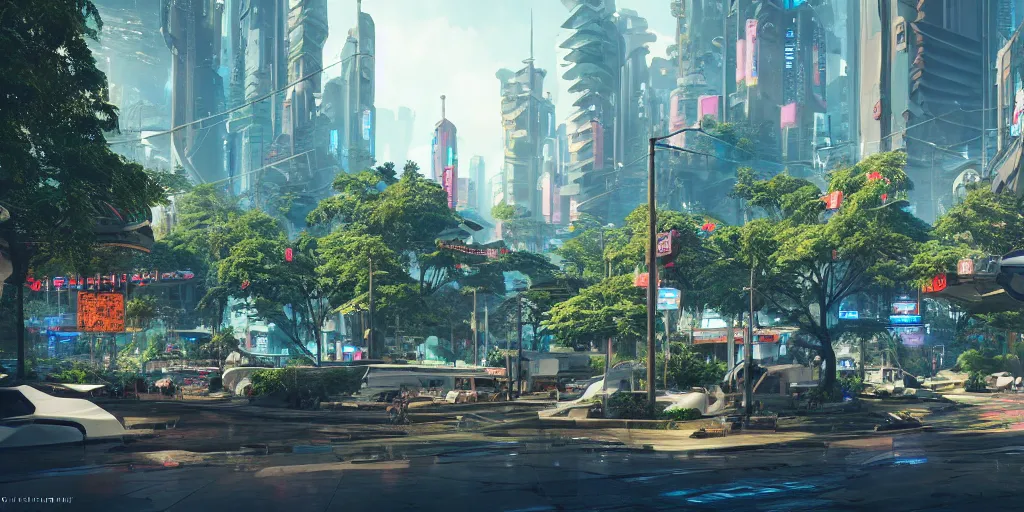 Image similar to professional photo from the streets of a futuristic utopian cyberpunk thriving city full of botanical gardens, floral, advanced economy, tree varieties, 4k, highly detailed, Unreal Engine, ray trace, octane render