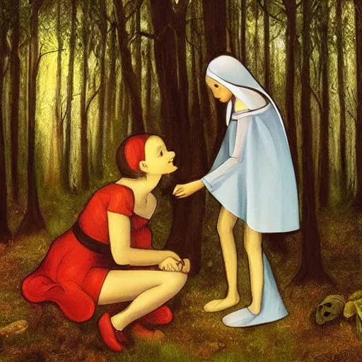 Prompt: “ sensual nurse treating medieval child girl in a fantasy forest, artwork ”