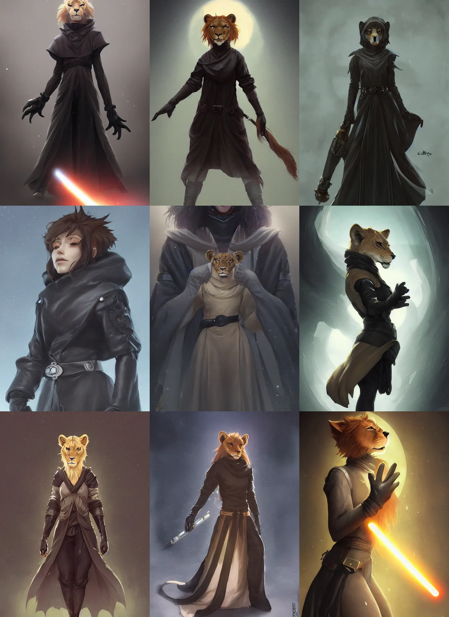 Prompt: beautiful portrait of a sad female anthropomorphic lioness fursona wearing black jedi robes. leather gloves. leather boots. character design by charlie bowater, ross tran, artgerm, and makoto shinkai, detailed, soft lighting, rendered in octane