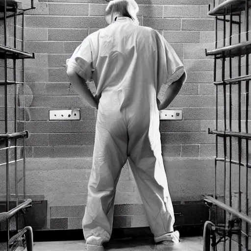 Image similar to donald trump in a prison cell wearing prison jumpsuit, photography, 4k