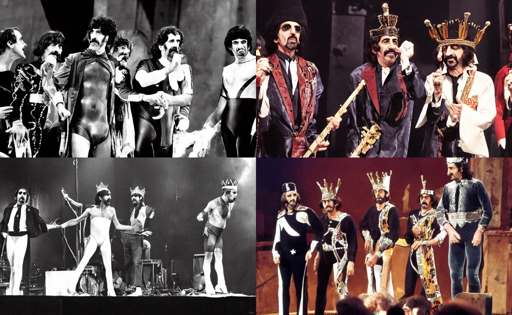 Prompt: Al Pacino, Frank Zappa, and Ringo Starr perform a stage show of Richard III where everyone wears a leotard and a crown, action shot