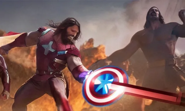 Image similar to jesus christ fighting alongside the avengers, using his cross as weapon, photorealistic, cinematic lighting, extremely detailed, marvel cinematic universe