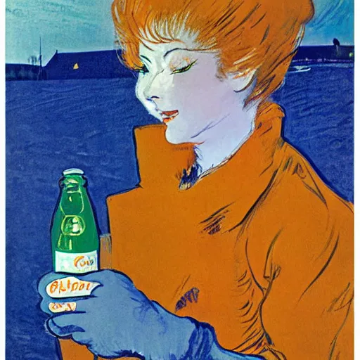 Image similar to a woman in a parka drinking a bottle of coka - cola in an icy polar environment, advertisement, 1 9 6 0's, by henri toulouse lautrec