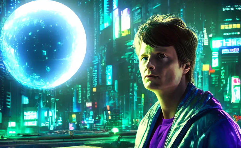 Prompt: portrait of Marty McFly in a cyberpunk neo-tokyo city, beautiful trippy moon, artstation hq, unreal engine, bright glowing colorful crystals, lush ferns, glowing moss, digital art, high quality