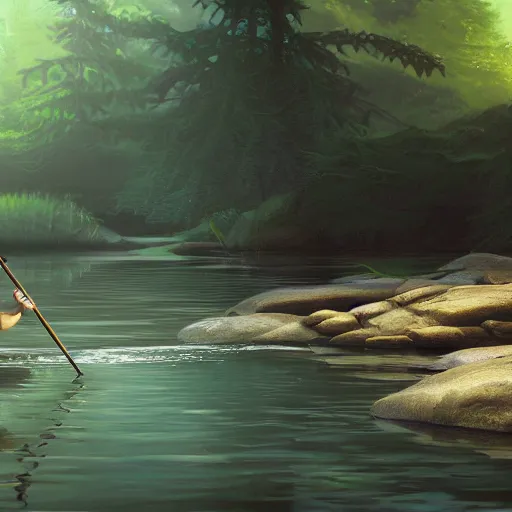 Prompt: painting of otter-fishman with fishing rod, stylized, octane render, morning forest river, Ghibli style, godraze, volume light