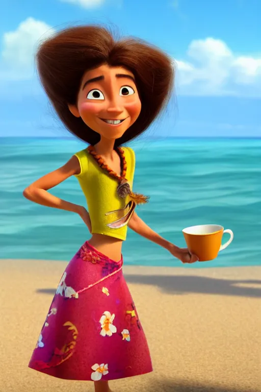 Prompt: portrait of a hawaiian dancer long hair brown eyes holding a white tea cup with the beach in background, full body. pixar disney 4 k 3 d render funny animation movie oscar winning trending on artstation and behance, ratatouille style