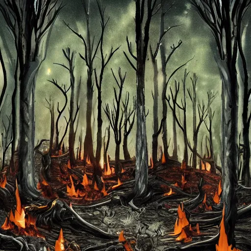 Image similar to a battle between the forces of hell and the forces of heaven in a magical forest. The forest is burned with charred trees. Lots of holy and damned magic is used