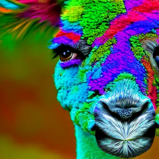 Prompt: lets see what a psychedelic alpaca see in the psychedelic world, 8 k, landscape photo