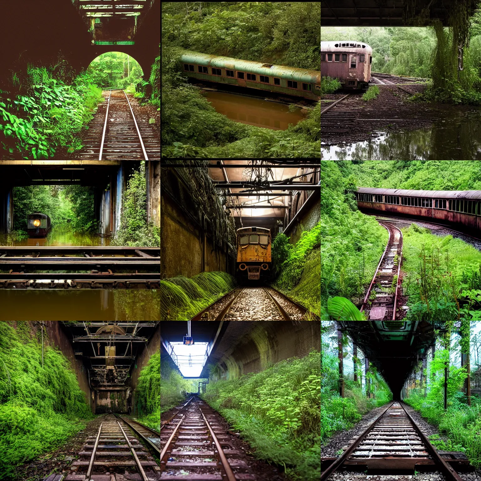 Prompt: an abandoned rusted train, alone, in an empty dark flooded train tunnel, overgrown with aquatic plants