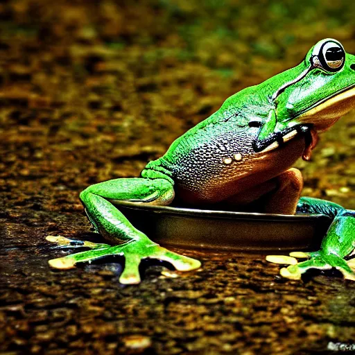 Prompt: mad frog drinking coffee. nature photography.