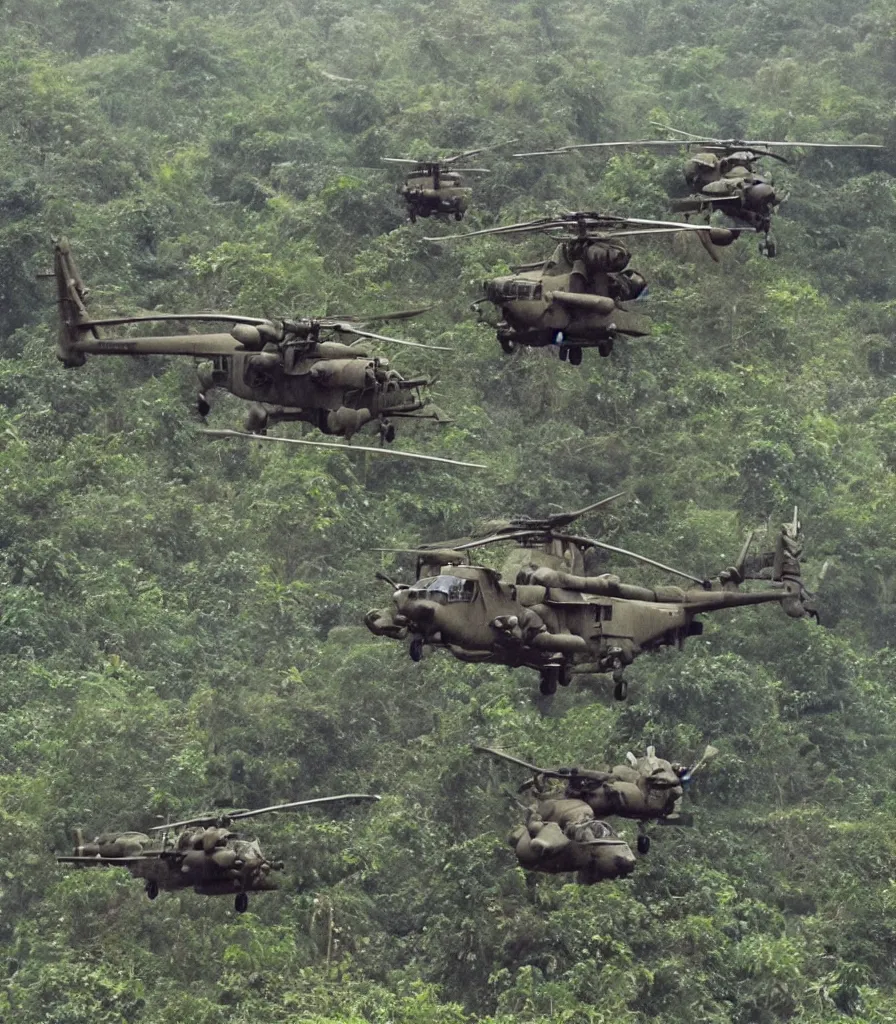 Prompt: vietnam war helicopter soldiers rain jungle in the style of frank miller