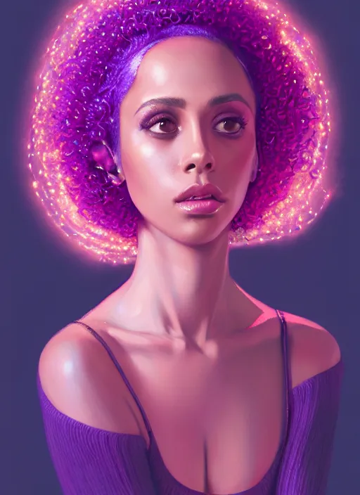 Image similar to portrait of vanessa morgan with bright pink hair, curly pixie cut hair, wearing a purple breton cap, breton cap, hoop earrings, intricate, elegant, glowing lights, highly detailed, digital painting, artstation, concept art, smooth, sharp focus, illustration, art by wlop, mars ravelo and greg rutkowski