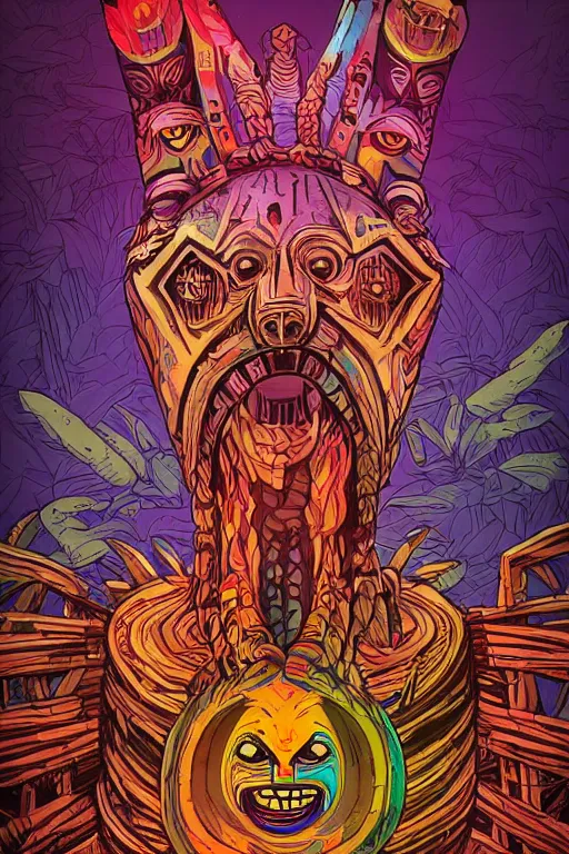 Image similar to totem animal tribal chaman vodoo mask feather gemstone plant wood rock video game illustration vivid color borderlands by josan gonzales and dan mumford radiating a glowing aura
