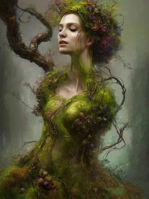 Image similar to Full View Portrait Mystical ethereal Forest deity wearing beautiful dress, vines tree bark moss Dryad made of forest beautiful dress, 4k digital masterpiece by Craig Mullins and Ruan Jia and Tom bagshaw, Alberto Seveso, fantasycore, Hyperdetailed, realistic oil on linen, soft lighting, kush background, featured on Artstation, textured, stylized, intricate details