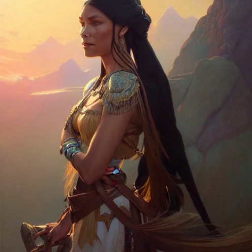 Image similar to Pocahontas, D&D, fantasy, intricate, elegant, highly detailed, digital painting, artstation, concept art, matte, sharp focus, illustration, art by Artgerm and Greg Rutkowski and Alphonse Mucha