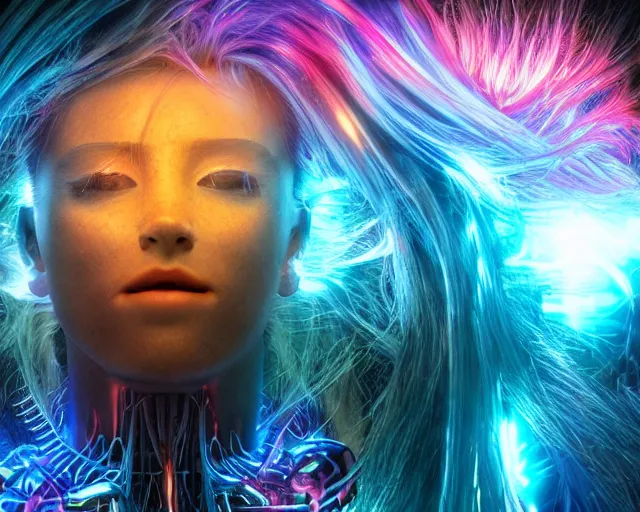 Image similar to glowing hair, complex cybernetic beings, beautiful hairy humanoids, cybermagnetosphere, cybernetic civilizations, ornate hair, love, joy, vortexes, large arrays, data holograms, 8 k, cinematic light shadows, wet hdr refractions, *, * * *, * * * * *