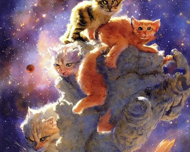 Image similar to cute space kittens, watercolor painting by gaston bussiere, craig mullins, j. c. leyendecker