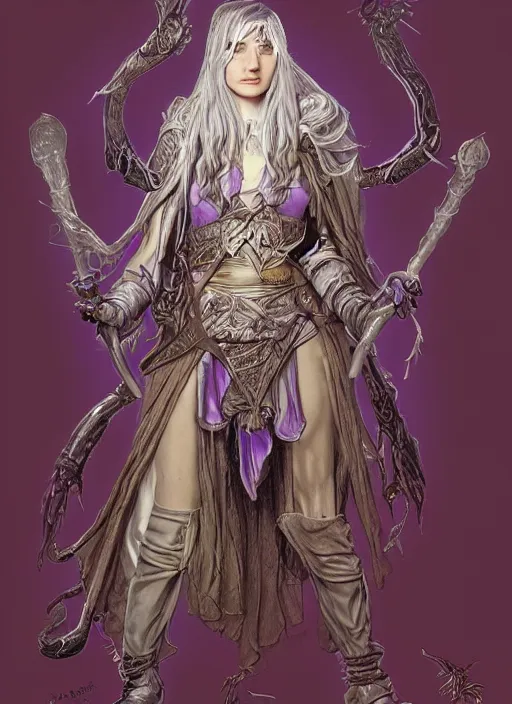 Image similar to portrait of young female prophetess of the endtimes, transluscent skin, silver filigreed armor, lavender hair, beautiful! coherent! dungeons and dragons character, by brian froud, strong line, cool night color, high contrast