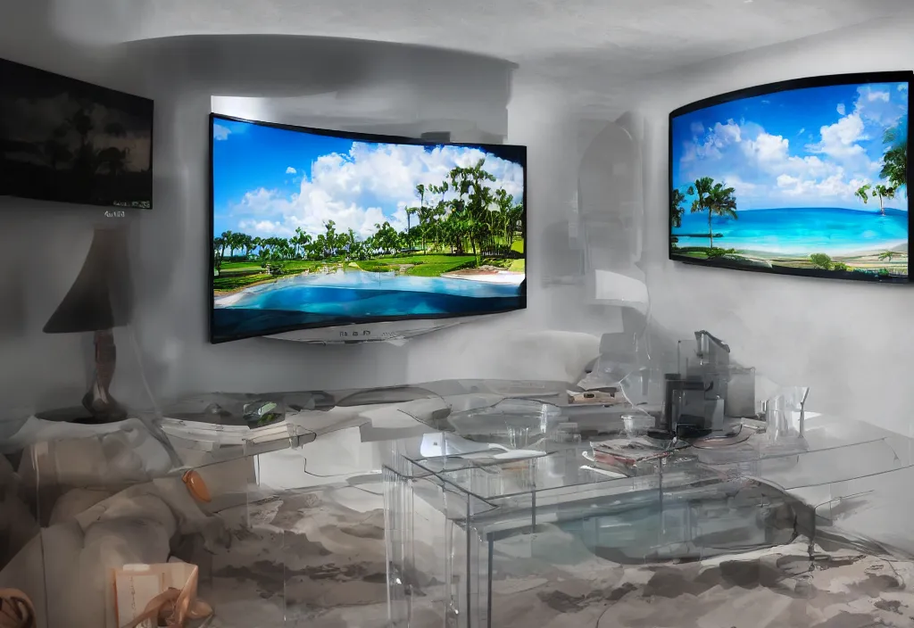 Image similar to curved transparent tv showing florida weathermap, volumetric lighting, bedroom, visor, users, pair of keycards on table, bokeh, creterion collection, shot on 7 0 mm, instax