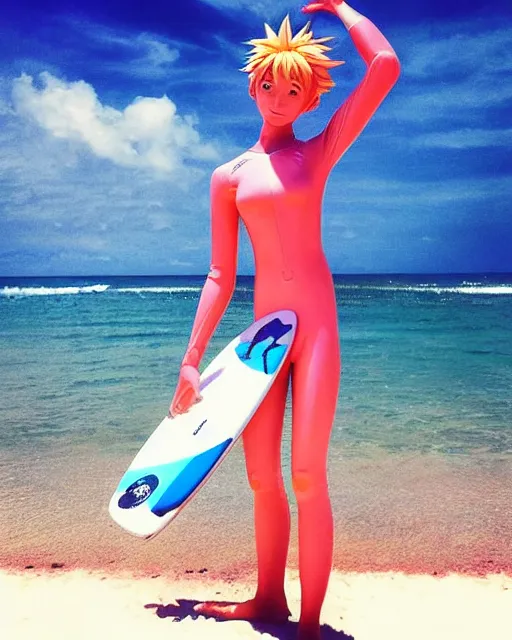 Image similar to dreamy tiktok iPhone photo of beautiful Nagisa Kaworu from evangelion having fun as a surfer in Florida, 35mm, cinematic, trending on Instagram, Asuka as a surfer model, 8k, 4k