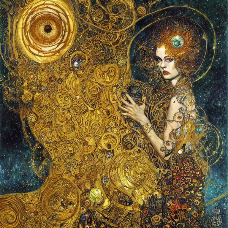 Image similar to Divine Chaos Engine by Karol Bak, Jean Deville, Gustav Klimt, and Vincent Van Gogh, beautiful visionary mystical portrait, sacred, otherworldly, fractal structures, Surreality, ornate gilded medieval icon, third eye, spirals