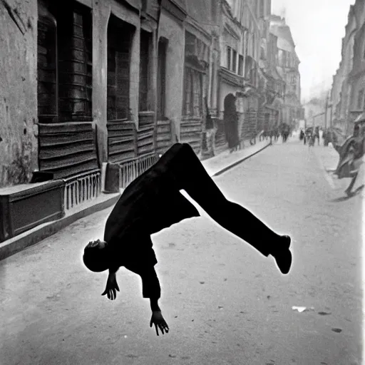 Prompt: A man holding an Ak47 doing a backflip in the street, photographed by Henri Cartier-Bresson on a Leica camera