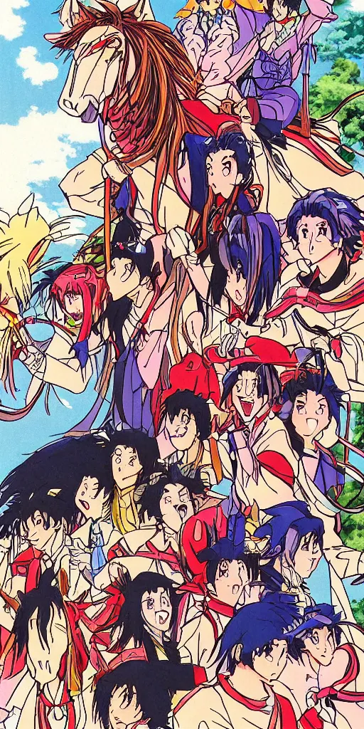 Prompt: a chariot drawn by horses in japan, 1990s anime, full color,