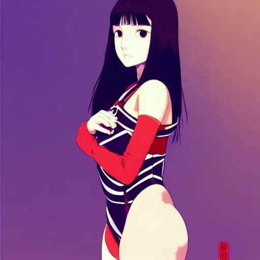 Image similar to a beautiful plus sized model japanese natalie portman, alluring plus sized model, wearing mayan leotard with overalls, street fashion hip hop style with mayan patterns, aztec street fashion, gapmoe yandere grimdark, trending on pixiv fanbox, painted by greg rutkowski makoto shinkai takashi takeuchi studio ghibli, akihiko yoshida