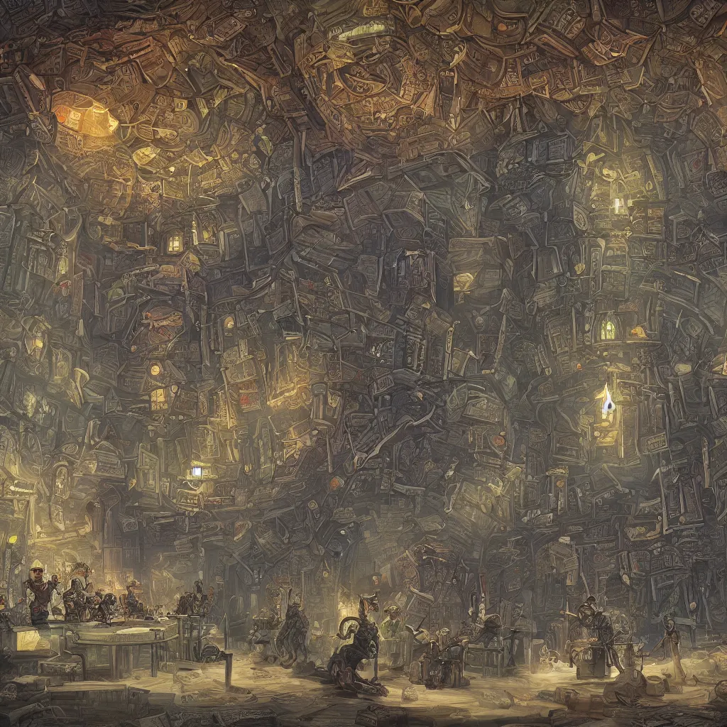 Image similar to An intensely bureaucratic villains lair with dozens of henchman doing paperwork, gridless DND map, 8k digital art, high quality,