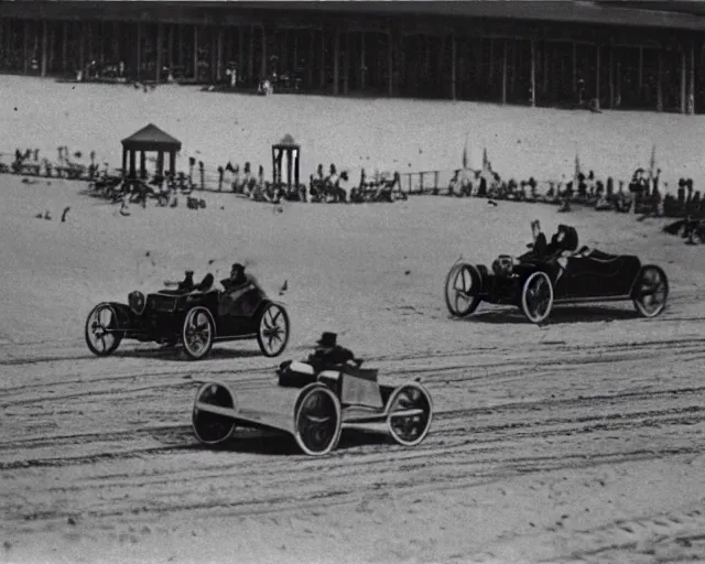 Image similar to a photo from the early 1900s of two people racing in electric cars, on a beach, with the Coney Island boardwalk in the background