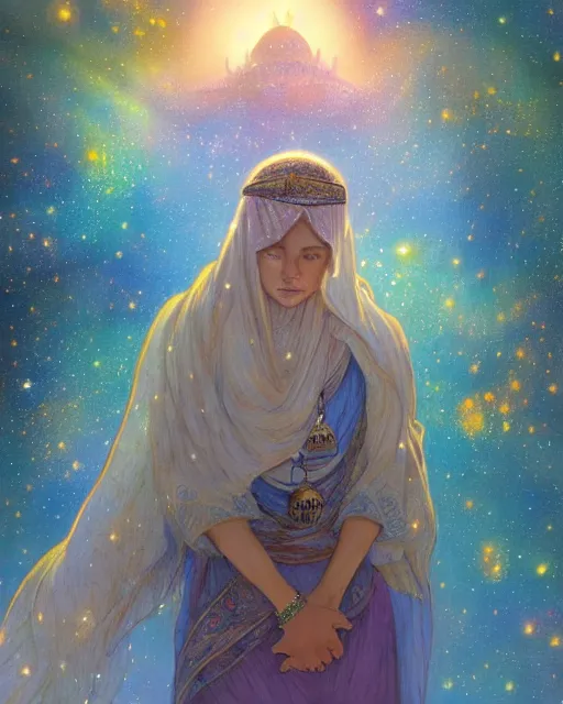 Image similar to bedouin child praying in galaxy walking towards mosque surrounded by nebula, highly detailed, gold filigree, romantic storybook fantasy, soft cinematic lighting, award, disney concept art watercolor illustration by mandy jurgens and alphonse mucha and alena aenami, pastel color palette, featured on artstation