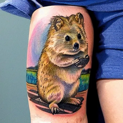 Prompt: a realistic tattoo of a quokka riding a bicycle