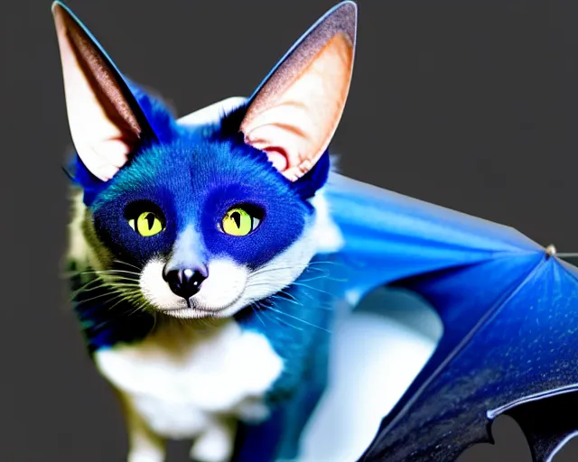 Image similar to a blue - and - black male blue / green heterochromatic catbat fursona with blue / green heterochromatic eyes ( one eye green ) and huge bat ears, photo of the catbat streaming on his computer