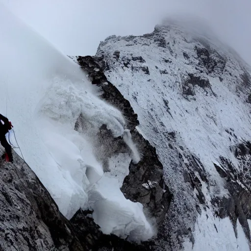 Image similar to two climbers trying to climb to the top of the world with an avalanche that sweeps them away , photo