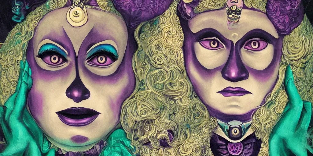 Image similar to madame leota cult, detailed facial expression, surrealism aesthetic