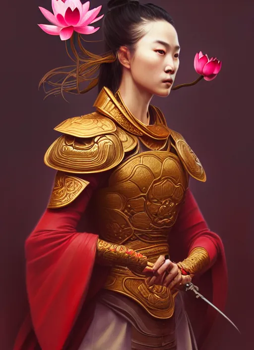 Prompt: ultra realistic illustration, portrait of a wrathful red samurai warrior woman holding a lotus flower, intricate, elegant, highly detailed, lotus flower, digital painting, artstation, concept art, smooth, sharp focus, illustration, art by artgerm and greg rutkowski and alphonse mucha and wlop